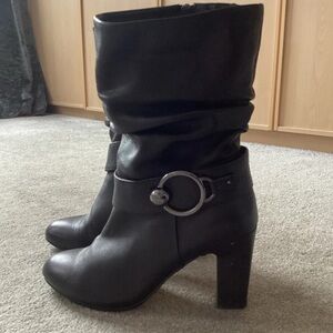 Elegant Black Heeled Boots with Silver Buckle